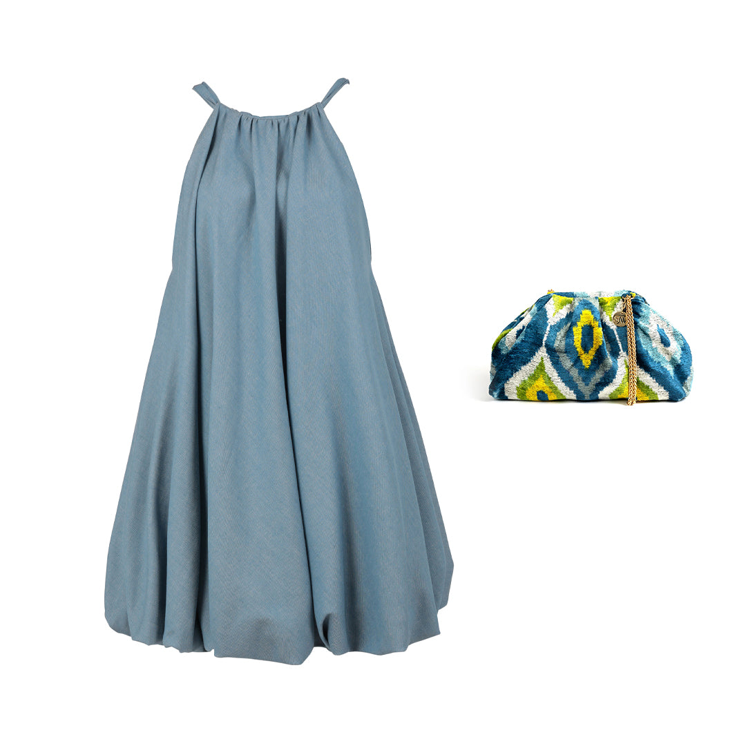 Parisienne Puff Halterneck Blue Dress + Victoria Bag Set 1