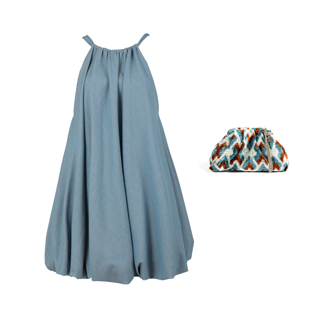 Parisienne Puff Halterneck Blue Dress + Victoria Bag Set 2