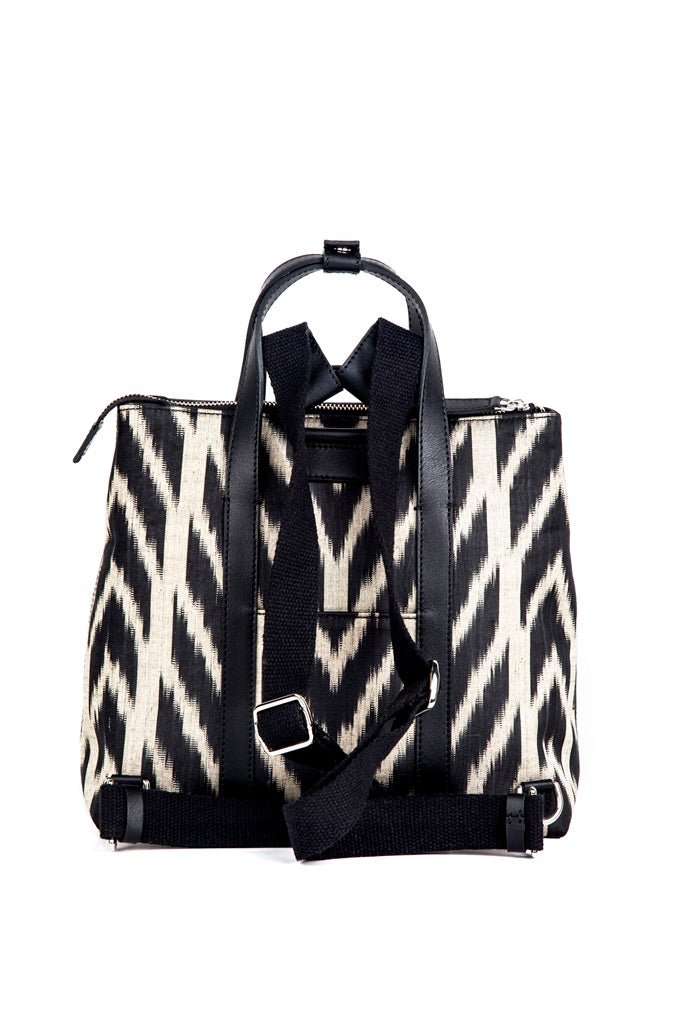 Abbey Sustainable Handmade Leather and Ikat Versatile Bag in Black - SJW BAGS LONDON