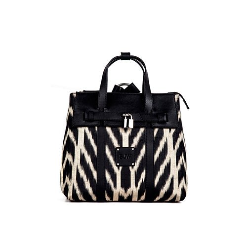 Abbey Sustainable Handmade Leather and Ikat Versatile Bag in Black - SJW BAGS LONDON