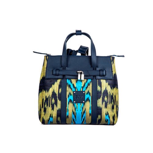 Abbey Sustainable Handmade Leather and Ikat Versatile Bag in Navy - SJW BAGS LONDON
