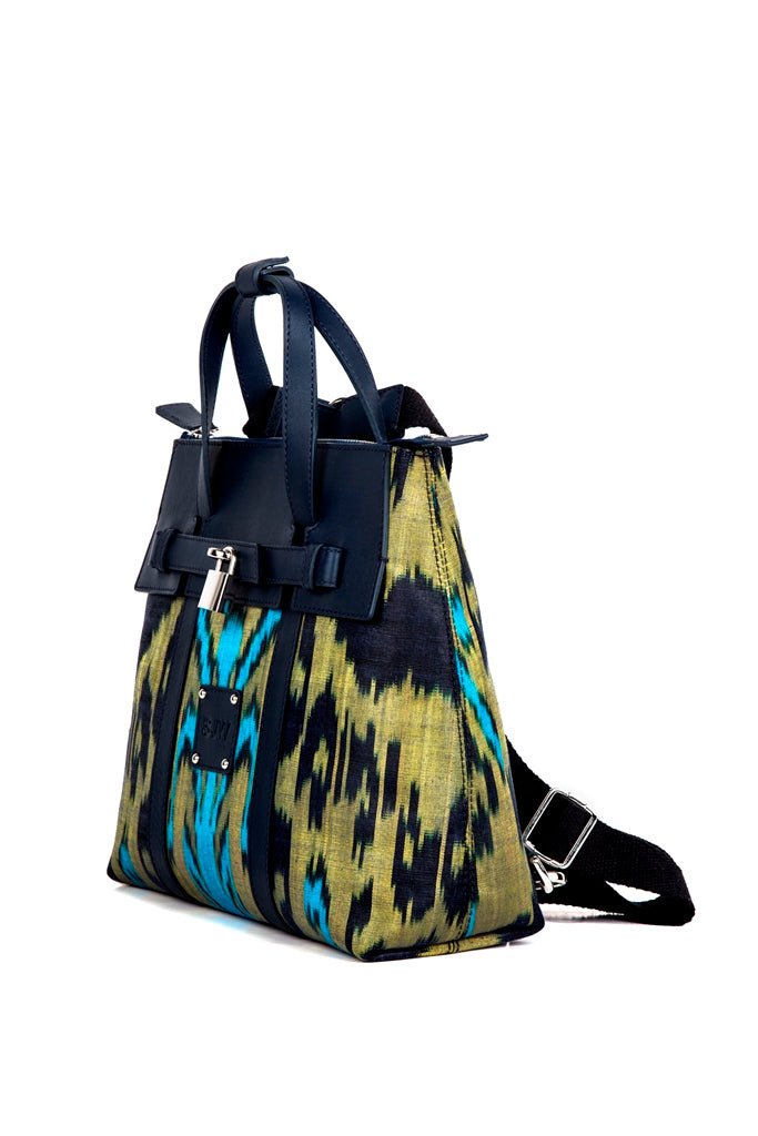 Abbey Sustainable Handmade Leather and Ikat Versatile Bag in Navy - SJW BAGS LONDON