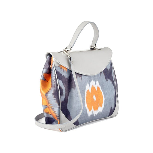Acacia Sustainable Handmade Leather and Ikat Floral Tote Bag- Grey - SJW BAGS LONDON