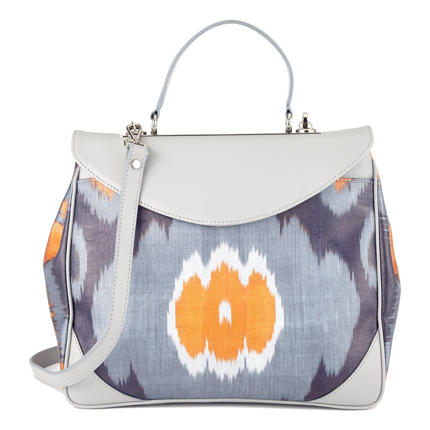 Acacia Sustainable Handmade Leather and Ikat Floral Tote Bag- Grey - SJW BAGS LONDON