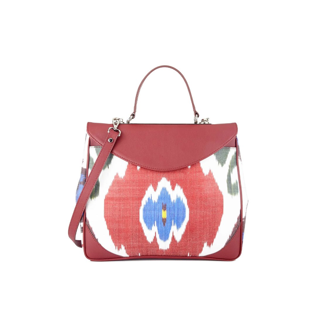 Acacia Sustainable Handmade Leather and Ikat Floral Tote Bag in Burgundy - SJW BAGS LONDON