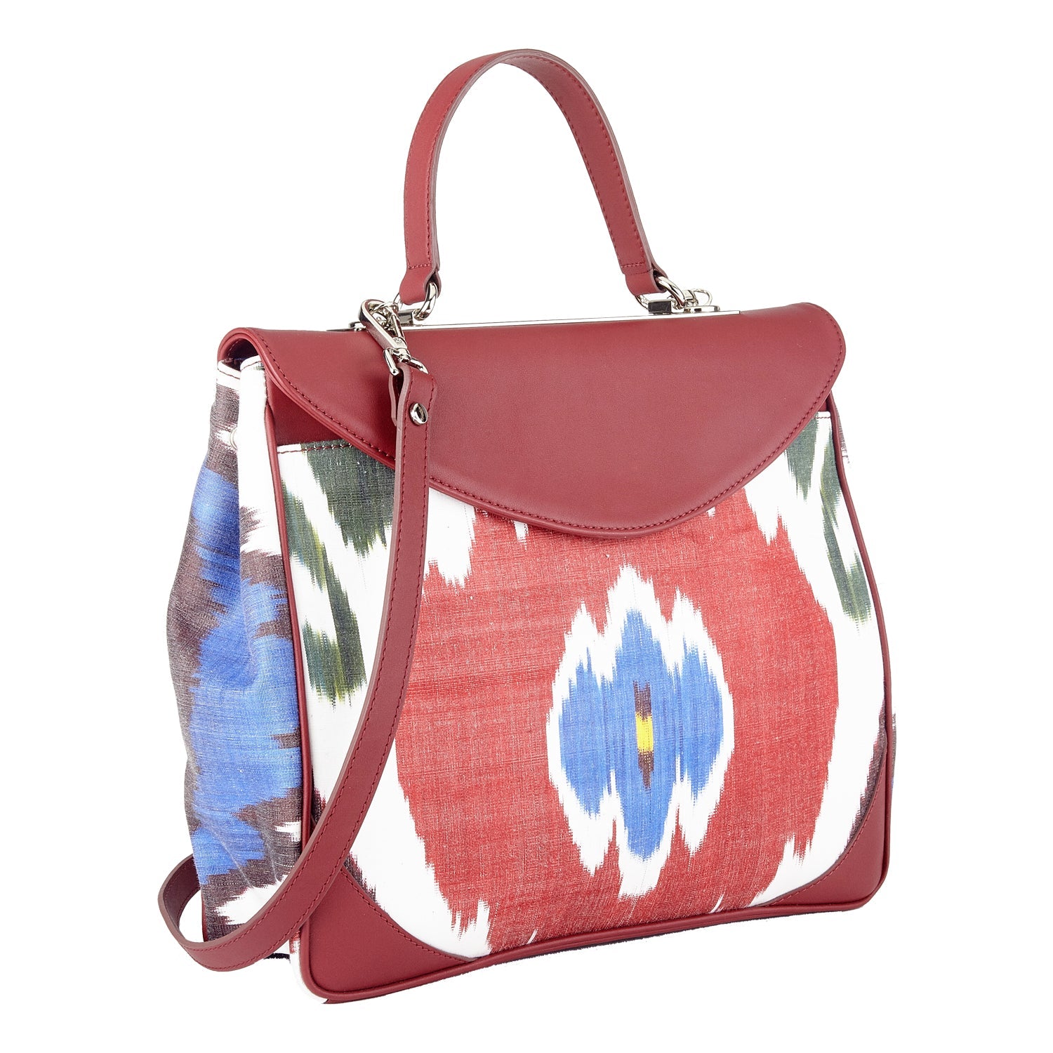 Acacia Sustainable Handmade Leather and Ikat Floral Tote Bag in Burgundy - SJW BAGS LONDON