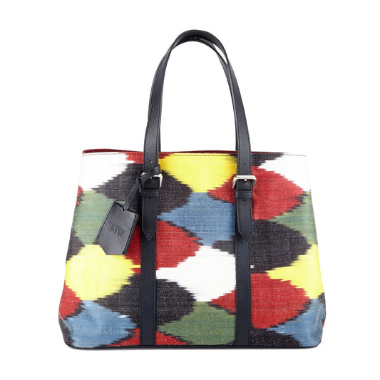 Avenue Sustainable Handmade Leather and Ikat Tote Bag in Black - SJW BAGS LONDON