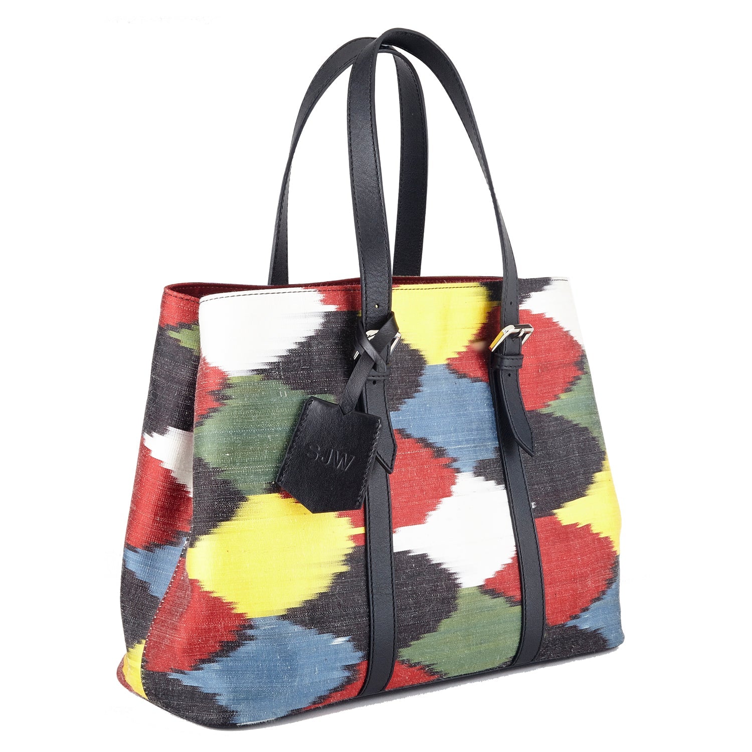 Avenue Sustainable Handmade Leather and Ikat Tote Bag in Black - SJW BAGS LONDON