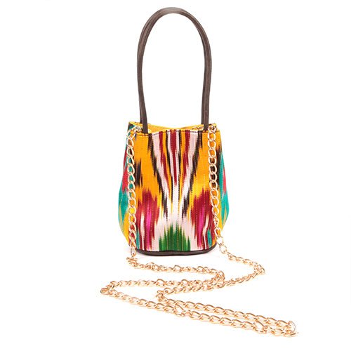 Bonbon Mini Bucket Bag Handcrafted with Leather and Sustainable Ikat - SJW BAGS LONDON