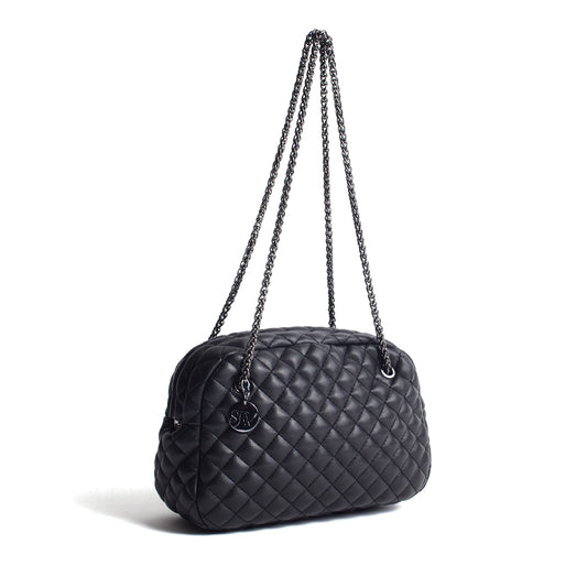 Carlton Vegan Leather Quilted Handbag - Black - SJW BAGS LONDON