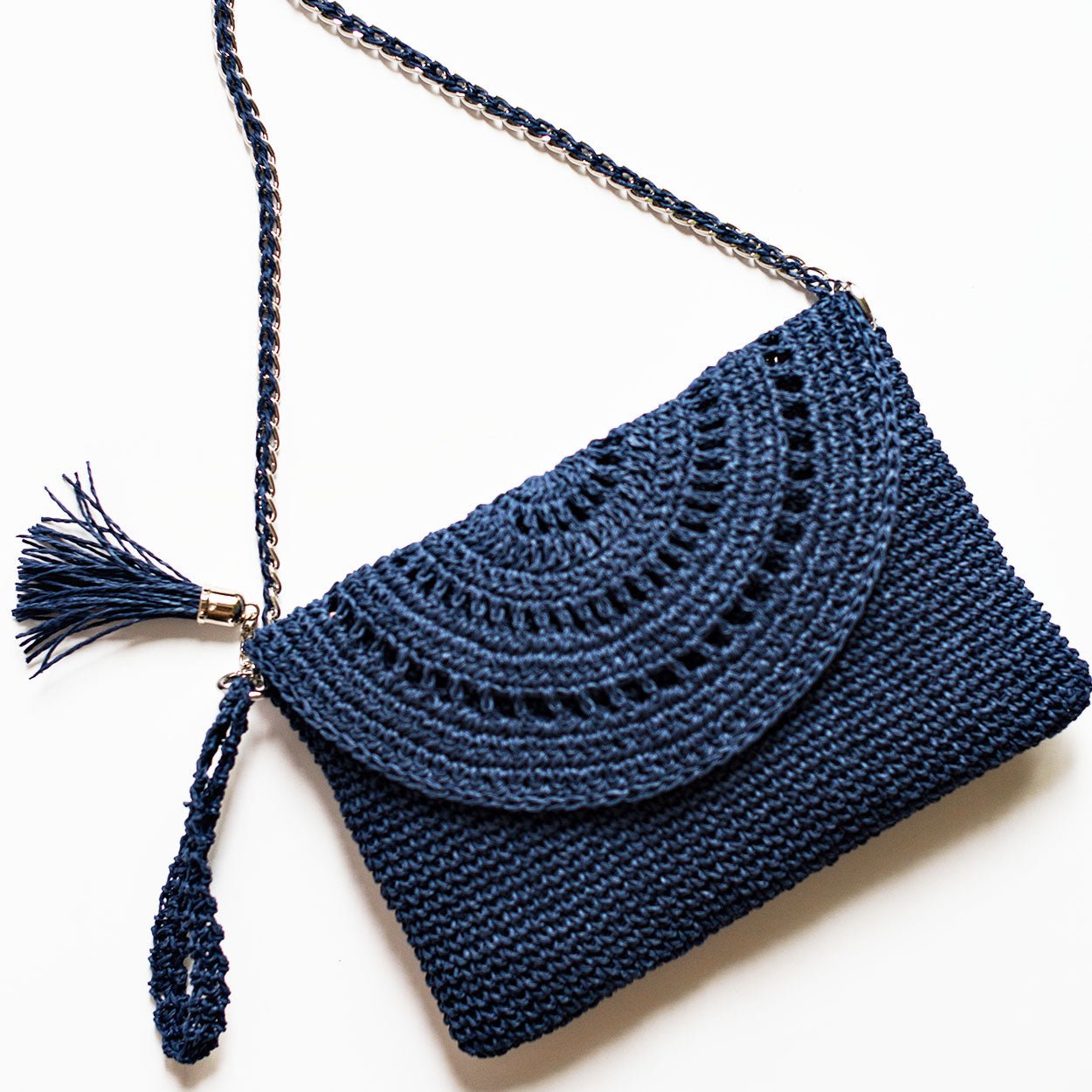 Grace Bag hand crocheted with sustainable paper yarn - Indigo - SJW BAGS LONDON