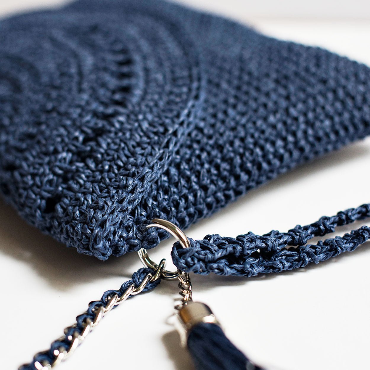 Grace Bag hand crocheted with sustainable paper yarn - Indigo - SJW BAGS LONDON
