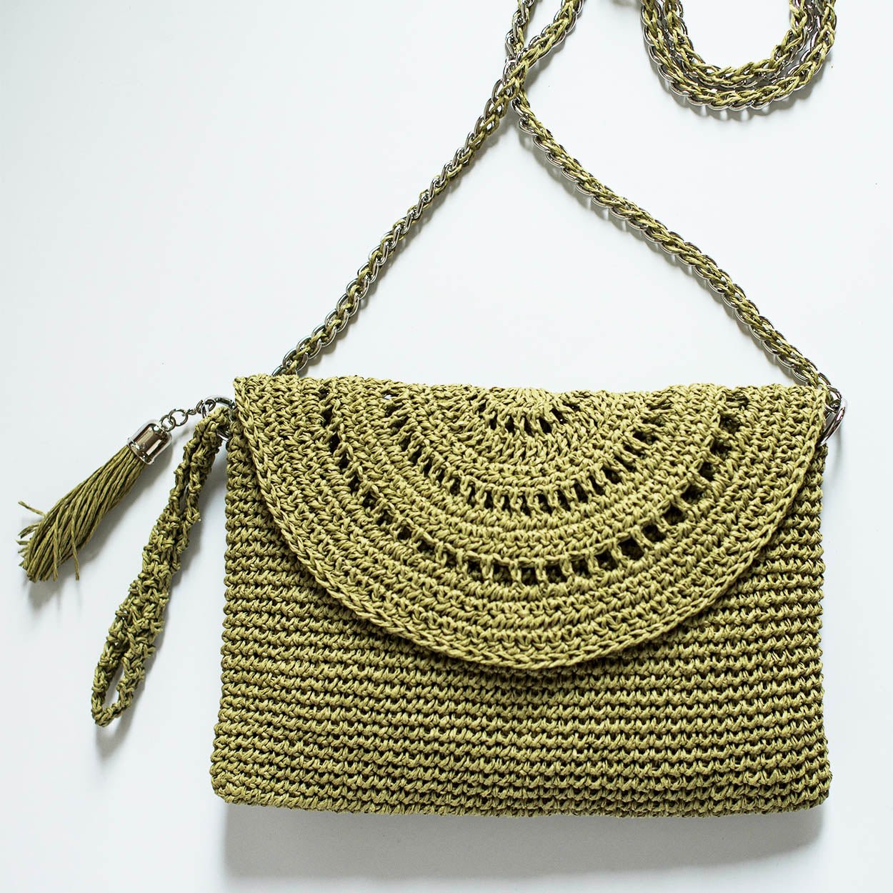 Grace Bag hand crocheted with sustainable paper yarn - Moss - SJW BAGS LONDON