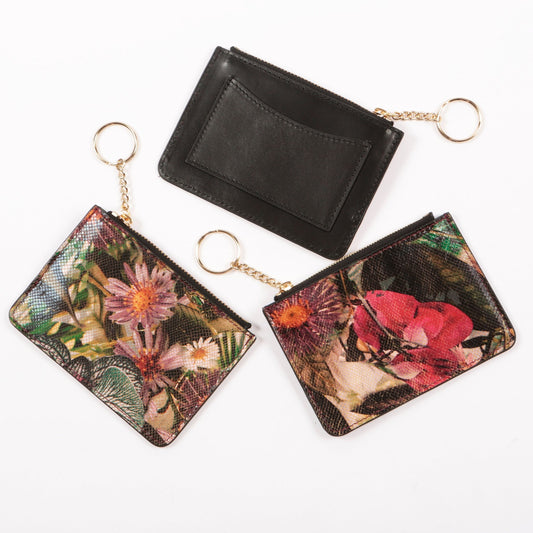 Mansfield Floral Leather Mini Wallet with key chain - Black - SJW BAGS LONDON