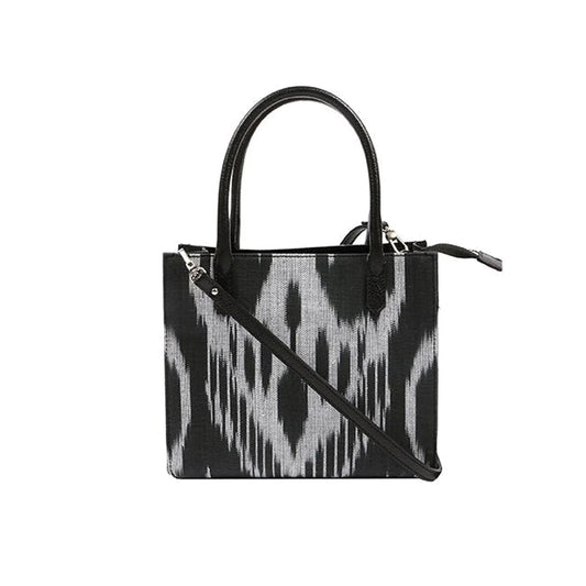 Norfolk Sustainable Ikat Bag with Leather Strap and Trims in Black - SJW BAGS LONDON