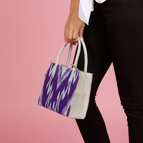Norfolk Sustainable Ikat Bag with Leather Strap and Trims - Purple - SJW BAGS LONDON