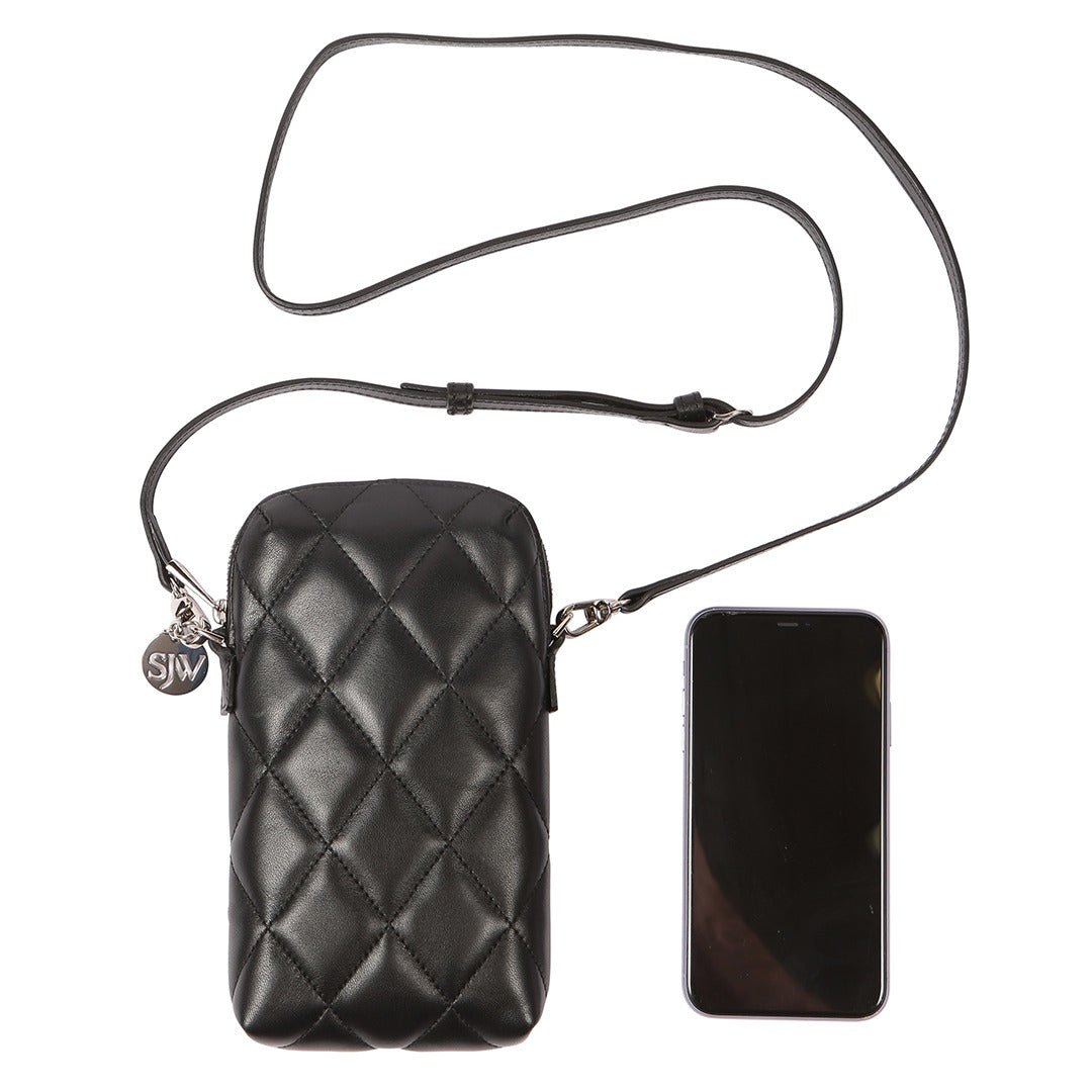 Orée Quilted Leather Small Crossbody Bag in Black - SJW BAGS LONDON