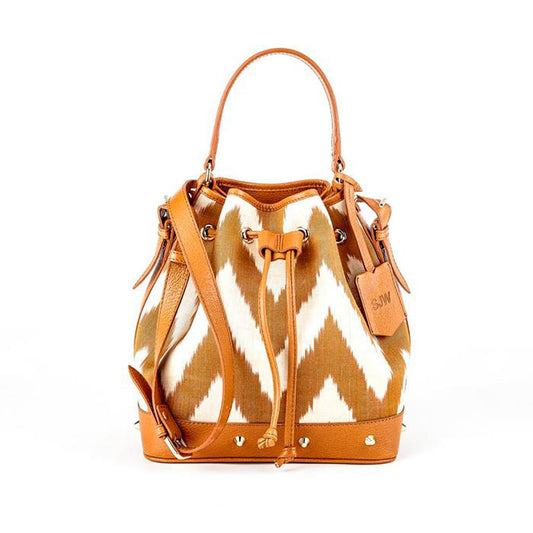 Primrose Sustainable Ikat Drawstring Bucket Bag with leather strap and trims - Beige - SJW BAGS LONDON