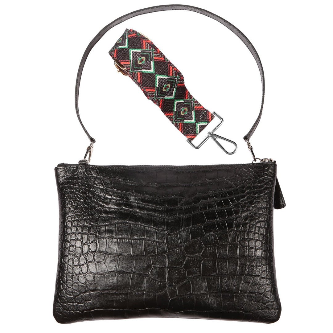Rainbow Croco Embossed Leather Clutch Bag with detachable shoulder straps - Black - SJW BAGS LONDON