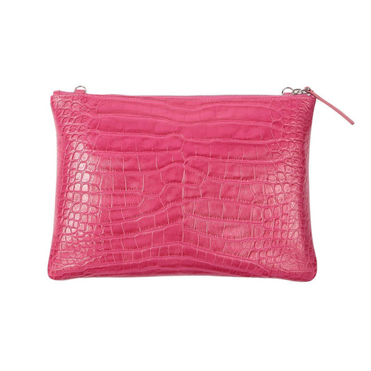 Rainbow Croco Embossed Leather Clutch Bag with detachable shoulder straps - Fuchsia - SJW BAGS LONDON