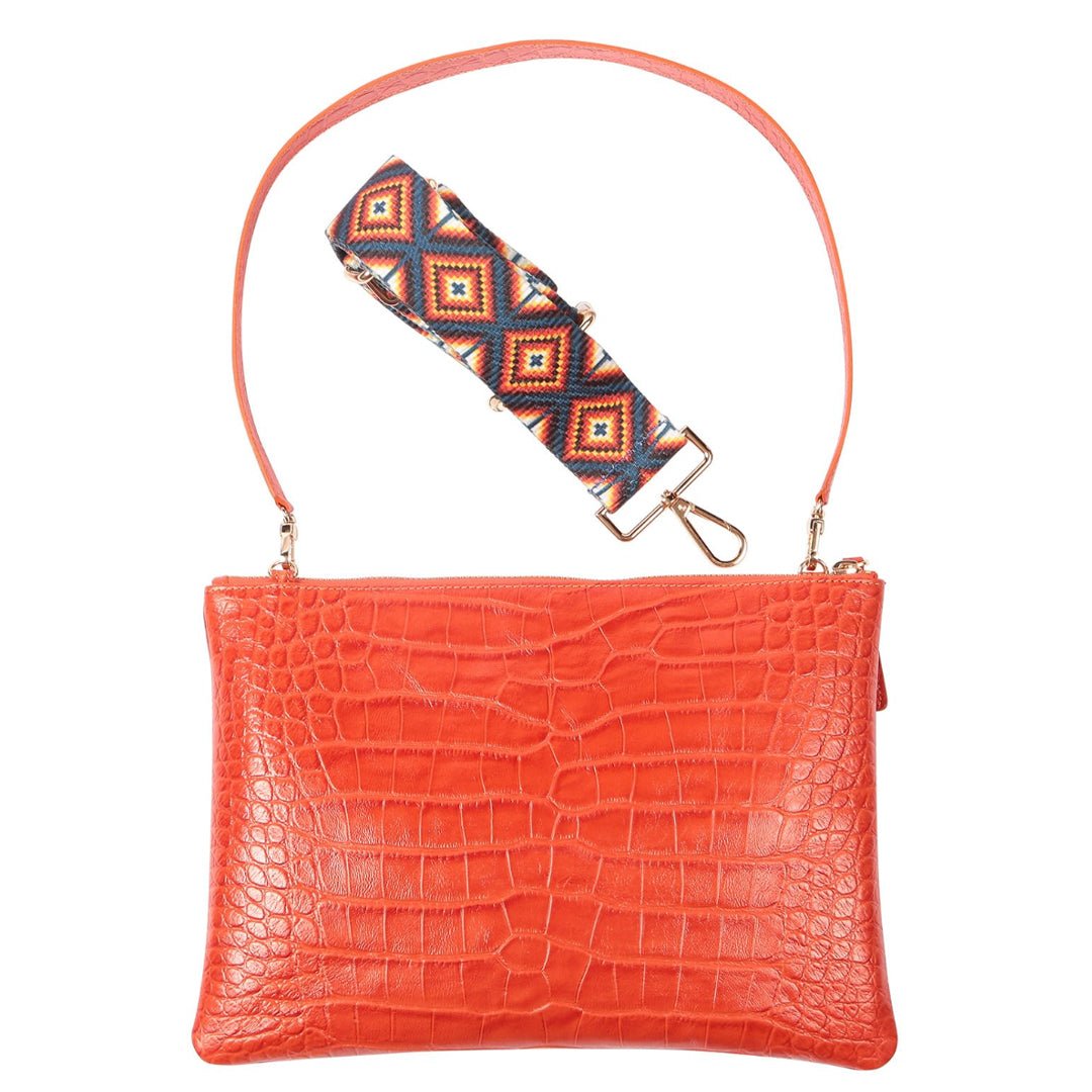 Rainbow Croco Embossed Leather Clutch Bag with detachable shoulder straps - Orange - SJW BAGS LONDON