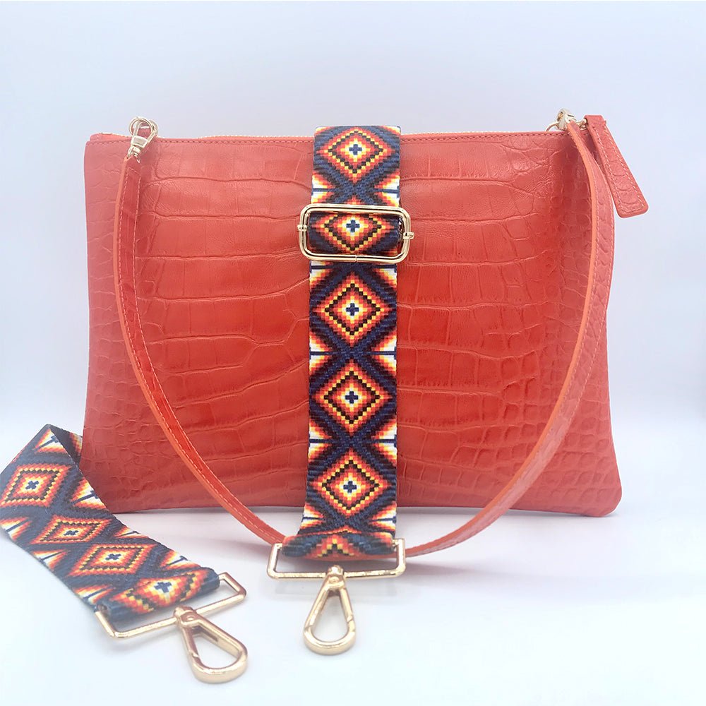 Rainbow Croco Embossed Leather Clutch Bag with detachable shoulder straps - Orange - SJW BAGS LONDON