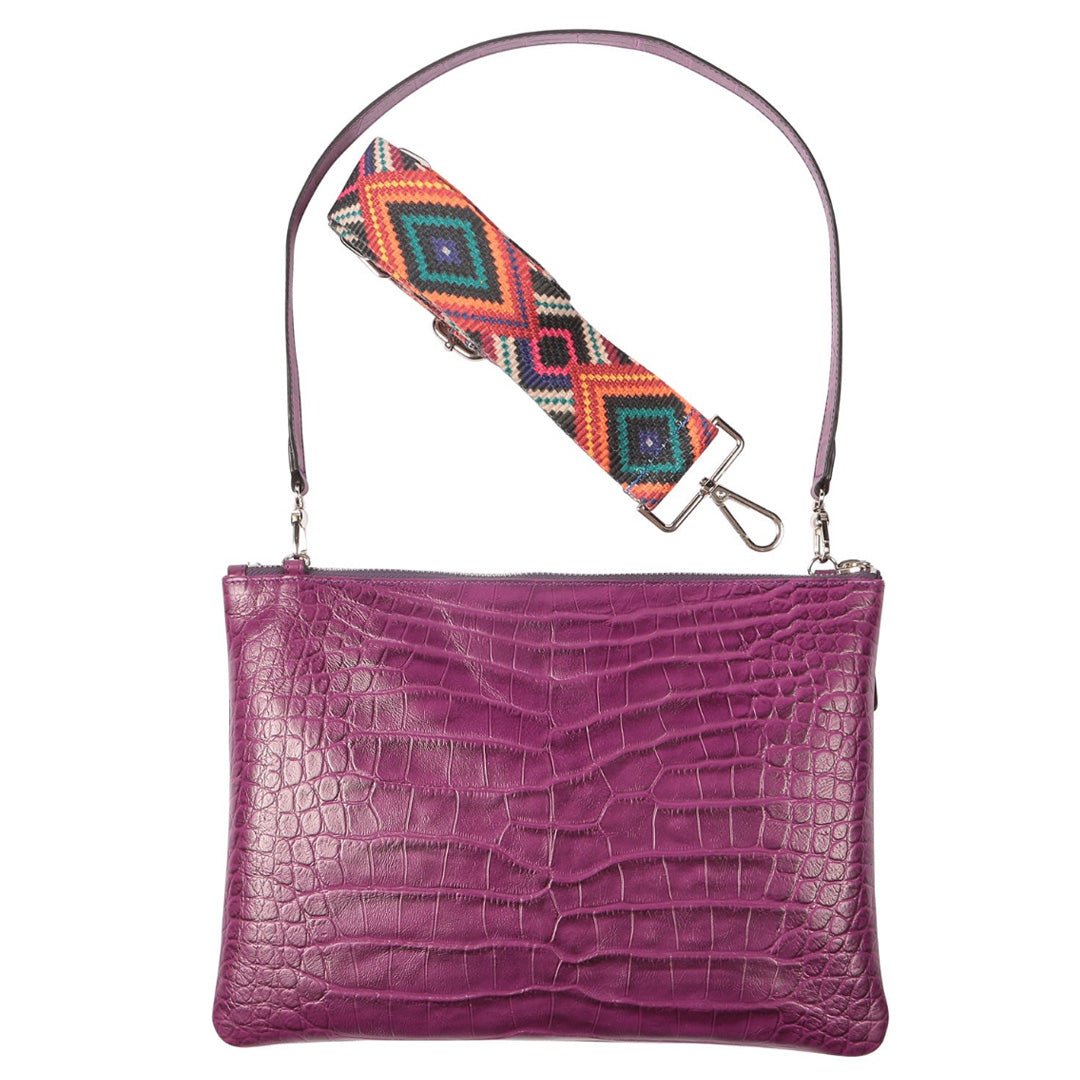Rainbow Croco Embossed Leather Clutch Bag with detachable shoulder straps - Purple - SJW BAGS LONDON