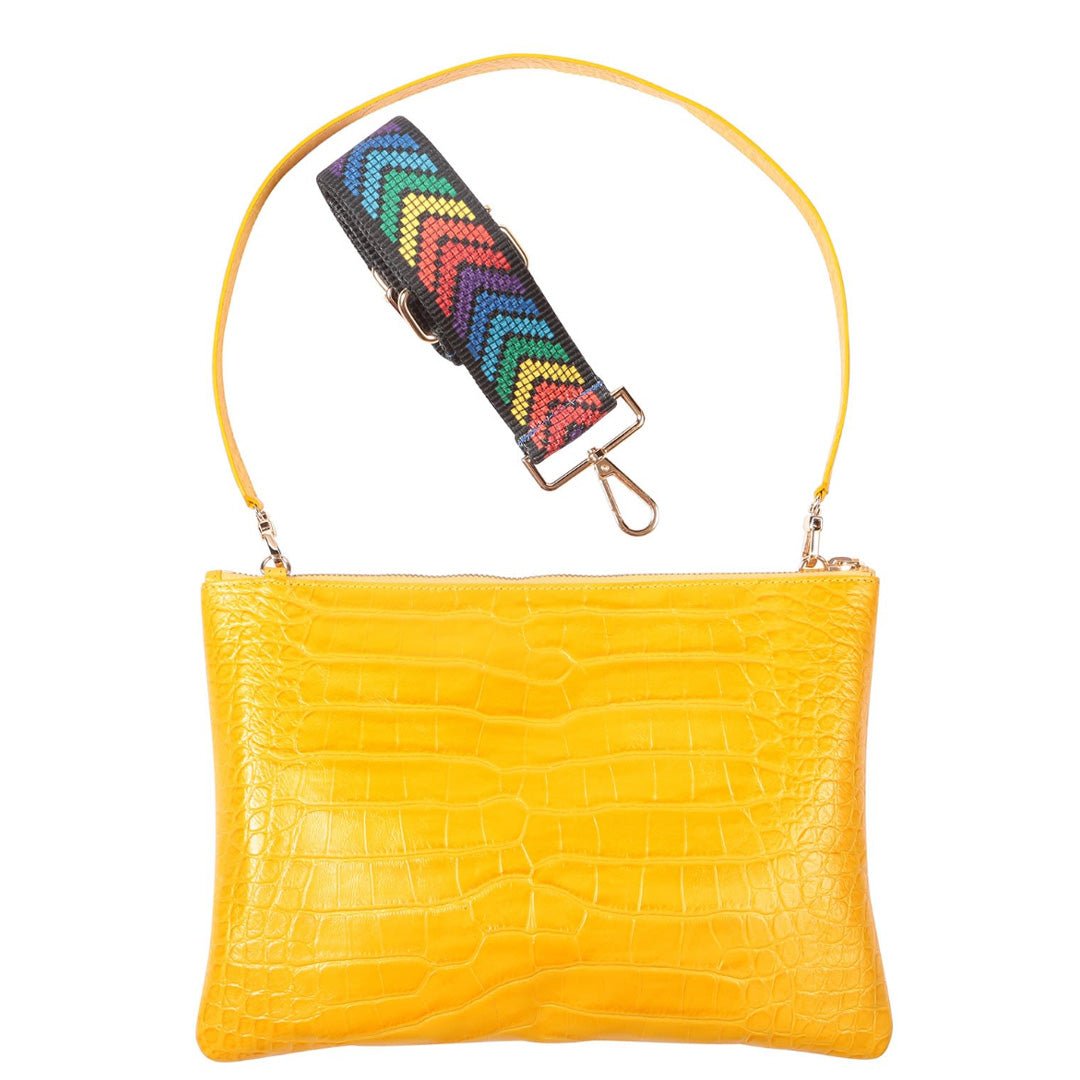 Rainbow Croco Embossed Leather Clutch Bag with detachable shoulder straps - Yellow - SJW BAGS LONDON